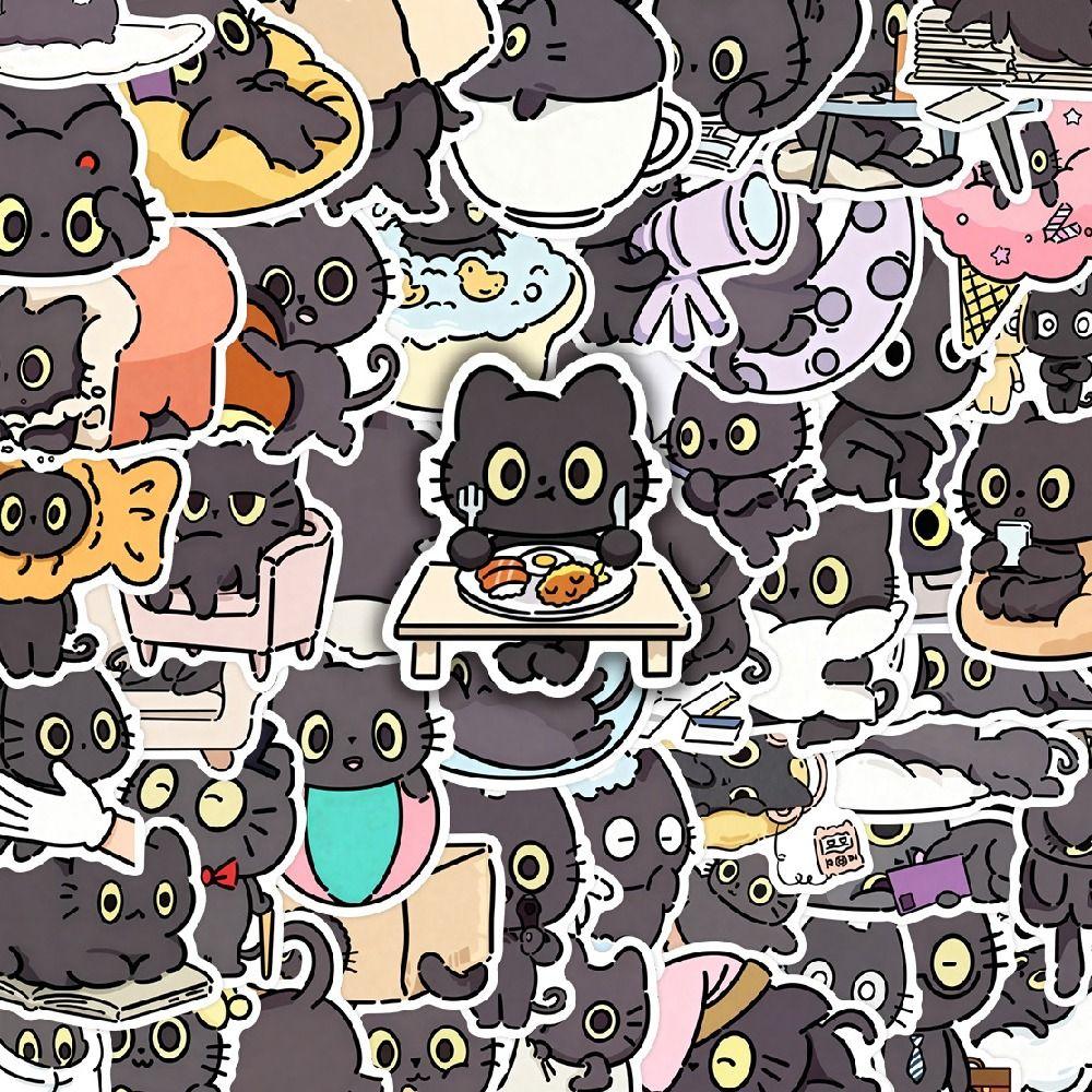 50Pcs Waterproof Kawaii Black Cat Sticker Cartoon Graffiti Decal Cute Kitten Sticker Skateboard