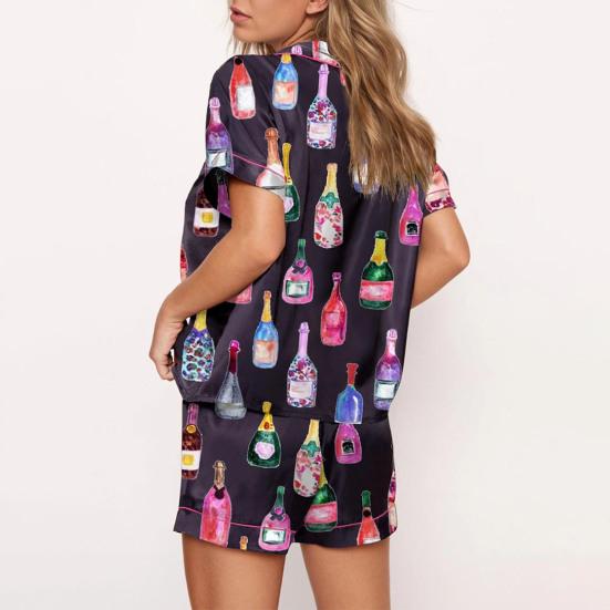2Pcs/Set Pajamas Set Women Loungewear Sleepwear Button Closure Lapel Short Sleeve Casual Print Pajamas
