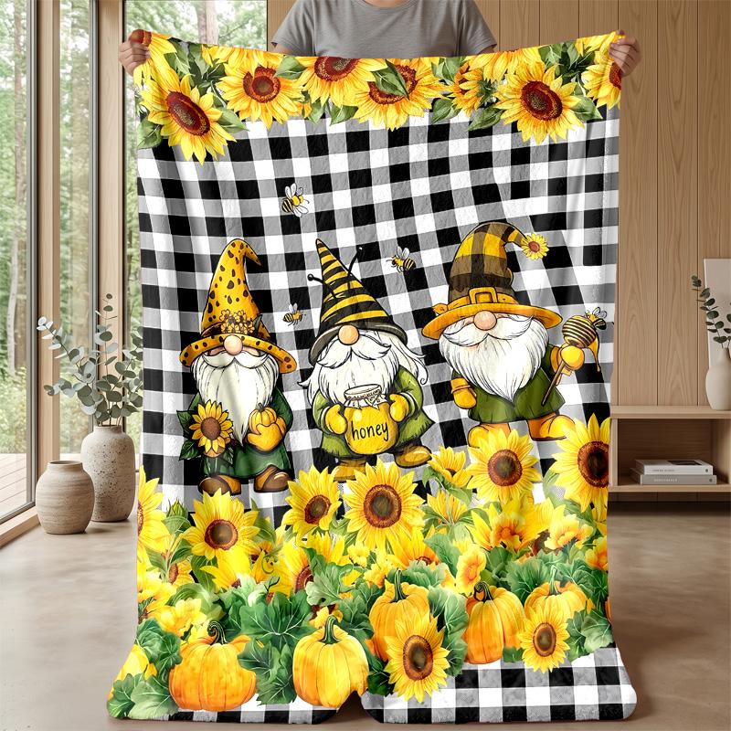 Garden Gnomes Among Sunflowers Theme blanket Lightweight Warm Flannel Blanket Decorative Throw Blanket for Home Decoration