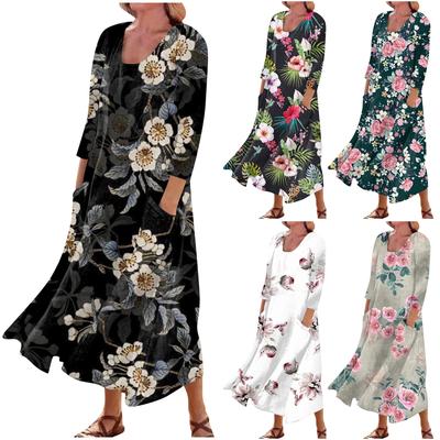 Summer Dress For Women Casual Printed Comfortable Fashion Printed 3/4 Length Sleeve Pocket Dress