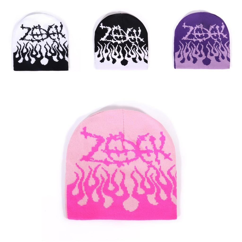 Korean Style Knit Hat With Flame Pattern For Winter Warmth And Streetwear