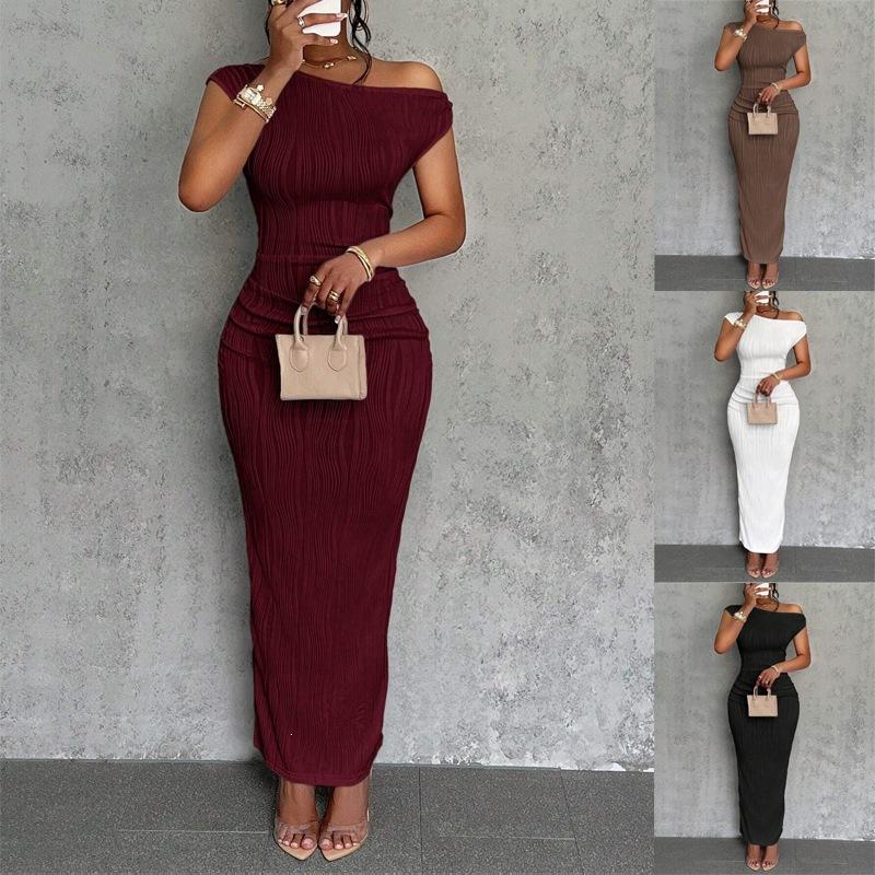 New hip skirt solid color fashion water ripple slanted shoulder dress