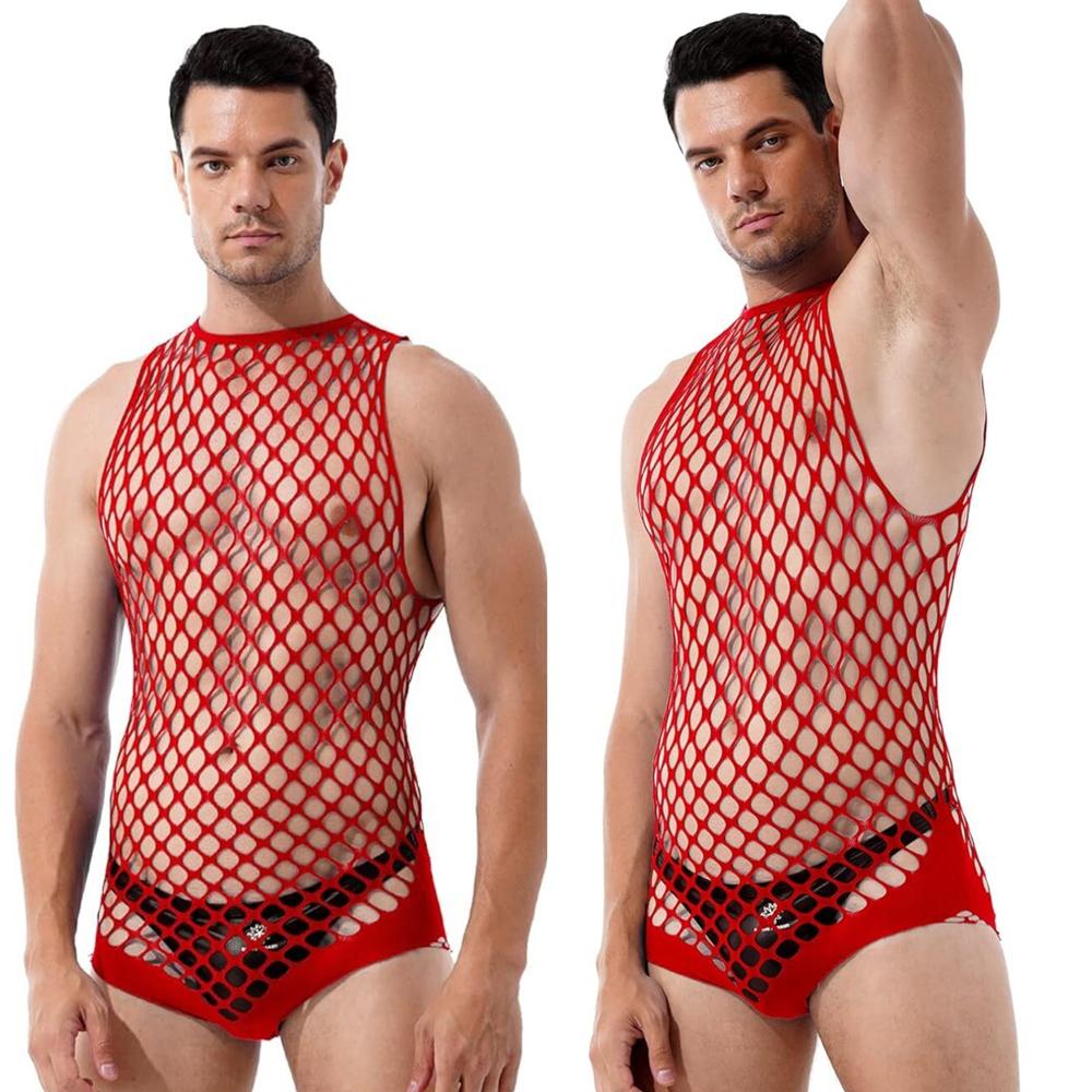 Men Sexy Lingerie Exotic Fishnet Bodystocking Jumpsuit Mesh Net See-through Long Sleeve Bodysuit Gay Sleepwear Club Wear