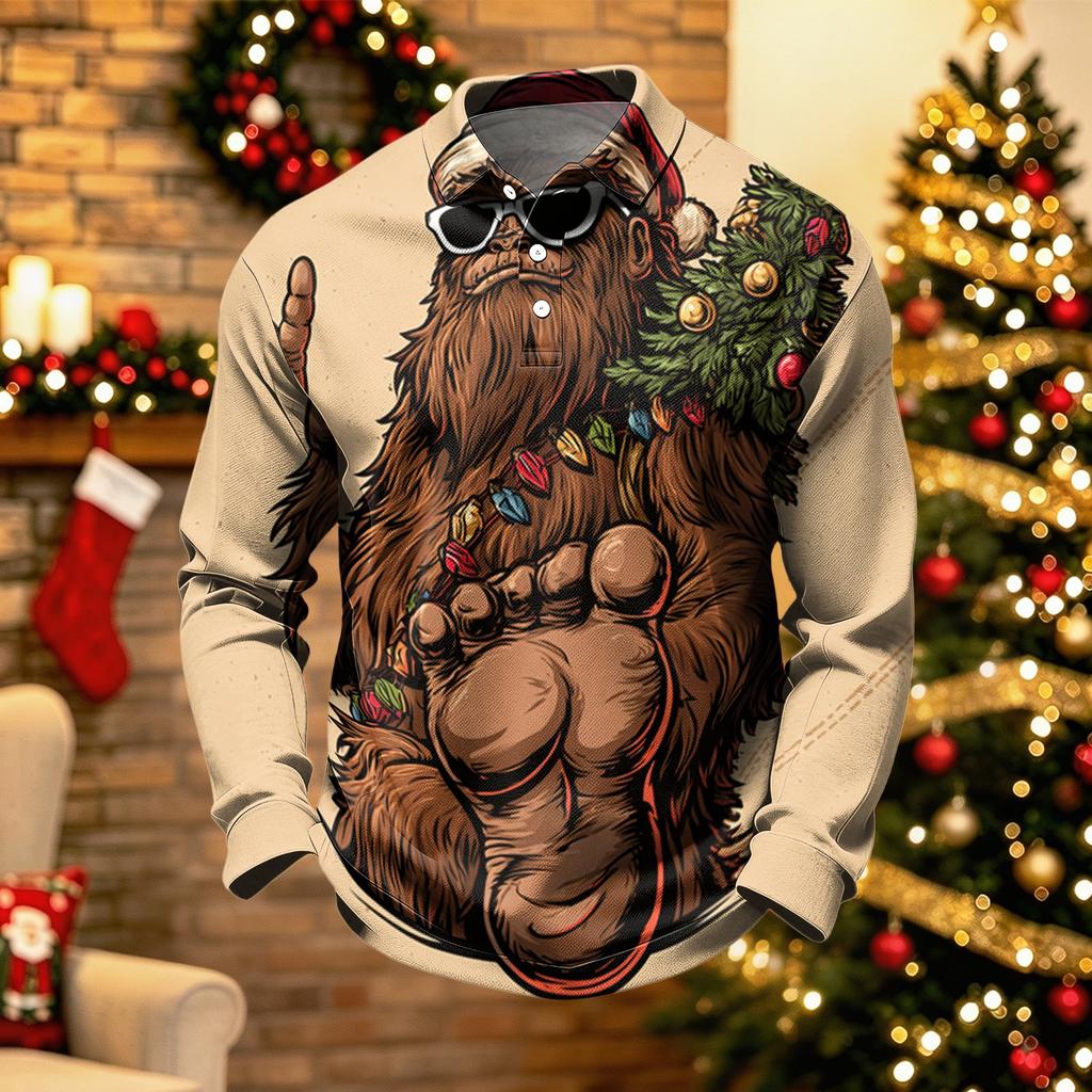 Men's Casual Quick-Dry Mesh Golf Shirt Long Sleeve Top with Christmas Print