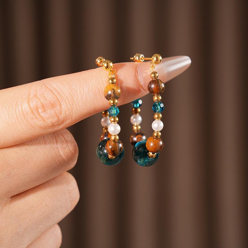 Vintage Handmade Beaded Earrings for Women Mix Color Tiger Eyes Stone Crystal Pearl Beads Drop Earrings Elegent Luxury Jewelry