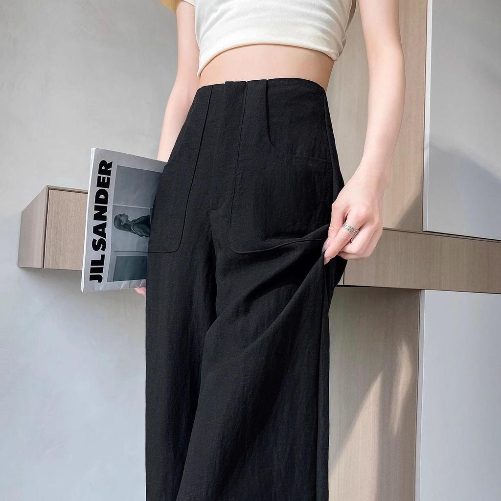 Women's High-Waist Tencel Cotton Linen Wide-Leg Pants - Summer Thin, Floor-Length, Straight Casual Design