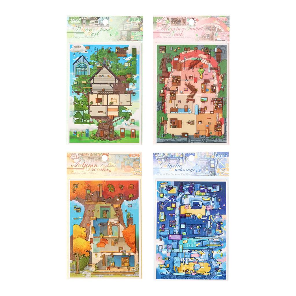 ZABC PET Scene Stickers: Dream Weaving Light Series - 3 Sheets for Journal & DIY Scenery Collage.