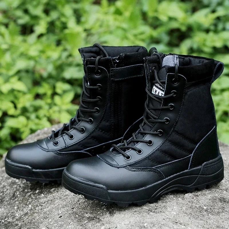 

Men Tactical Boots Breathable Leather Mesh High Top Casual Desert Work Shoes Mens SWAT Ankle Combat Boot 35