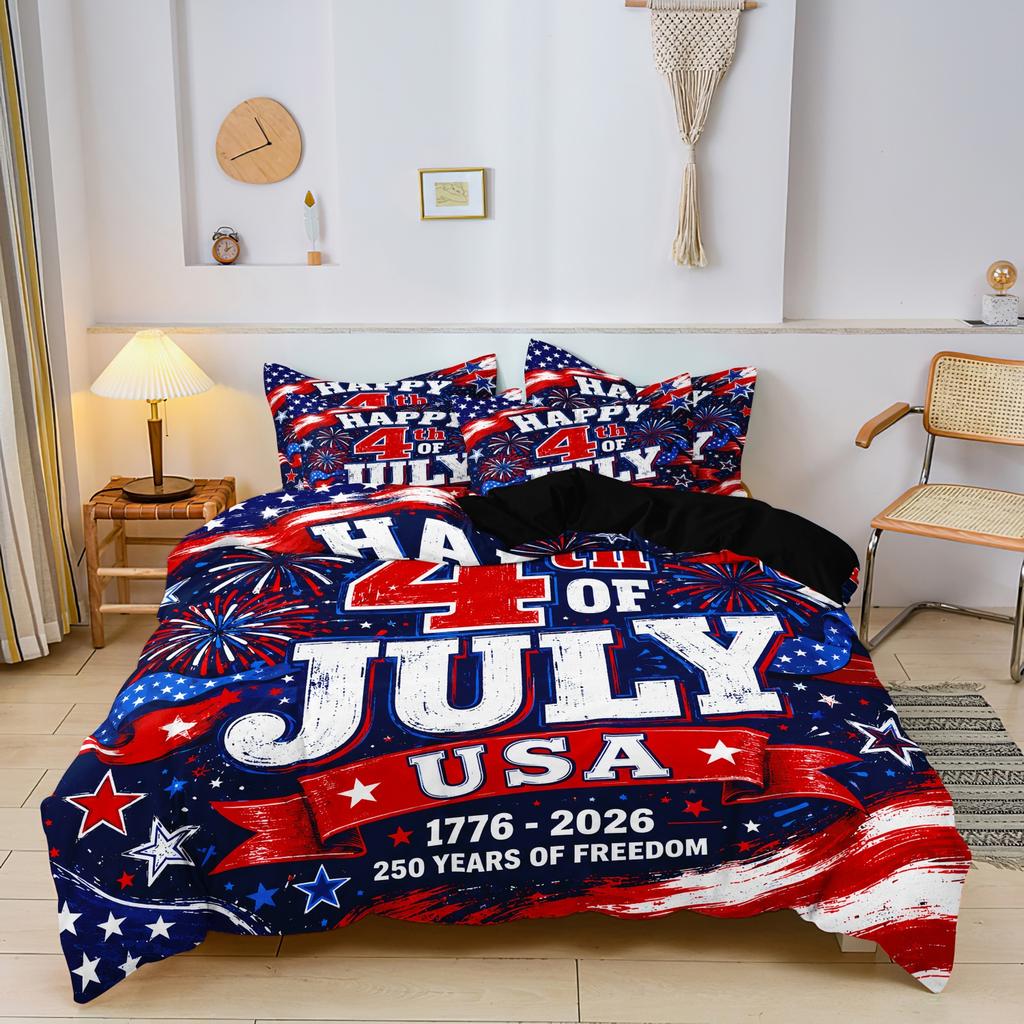 3 Pieces USA Anniversary Print Duvet Cover Set, Retro Distressed Red Star Firework Brush Stroke Patriotic Print Bedding