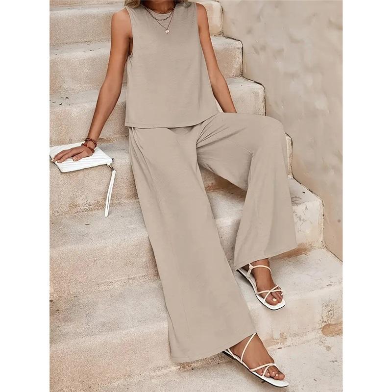  Women's Elegant Solid Color Matching Set Sleeveless Blouse And Wide Leg Pants