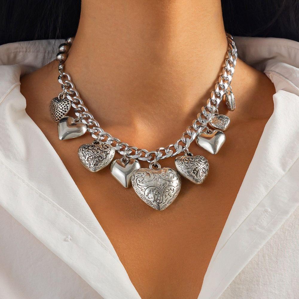 Elegant Heart Pendant Necklace Gold Silver Vintage Jewelry Fashion Metal Heart Bracelet  Daily