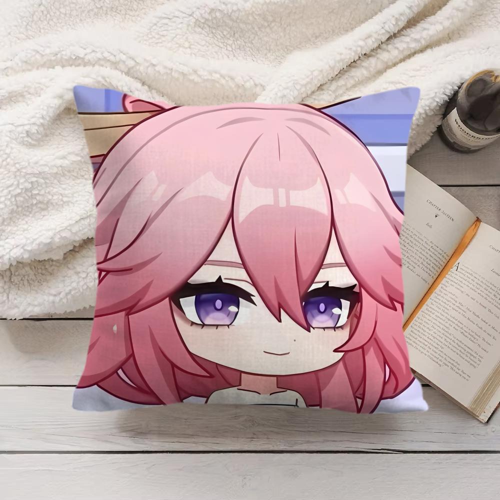 Yae Miko Cute Genshin Impact Cushion Cover Silky Short Plush Invisible Zipper Dustproof Sofa Pillow Case For Home Decor