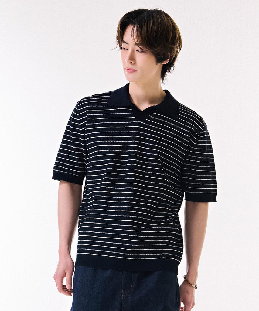 CHASECULT Men'S Cool Touch Striped Open Collar Neck Short Sleeve Sweater-Dbrk5612D04
