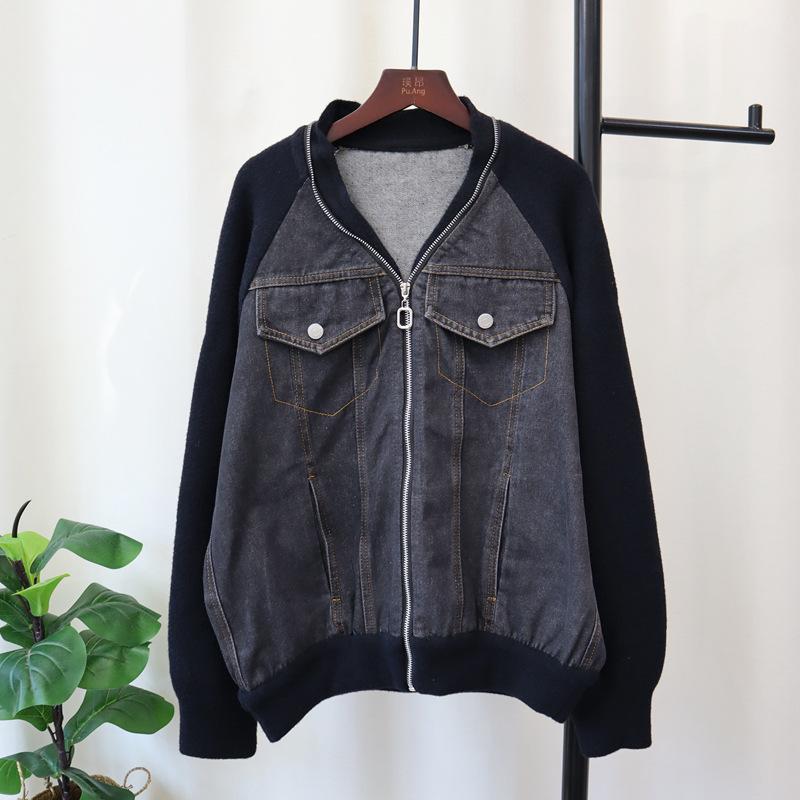 

Джинсовая куртка на молнии с вязаными вставками из двухстороннего твида, осенне-зимний новый дизайн, свободная куртка-свитер, женская одежда one size fits all чёрный