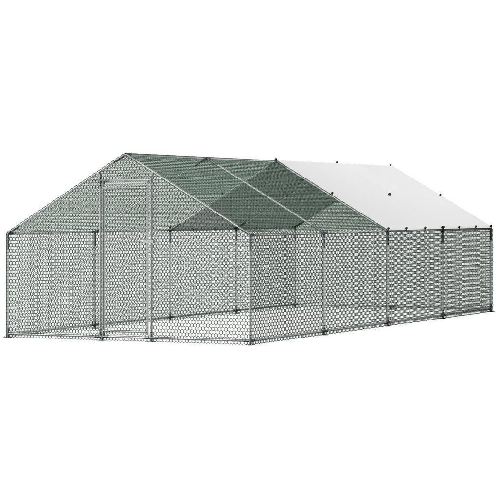 Metal Chicken Coop, 9.8x26.2x6.5 Ft Large Walk-in Chicken Runs with Cover, Spire Roof Hen House Enclosure with Security Lock, Outdoor Duck Rabbit Cage