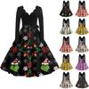 Ladies' Fashionable Retro Long Sleeved Square Neck Christmas Printed Evening Dress Dress