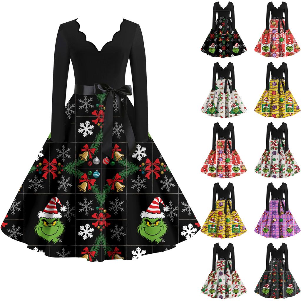 Ladies' Fashionable Retro Long Sleeved Square Neck Christmas Printed Evening Dress Dress
