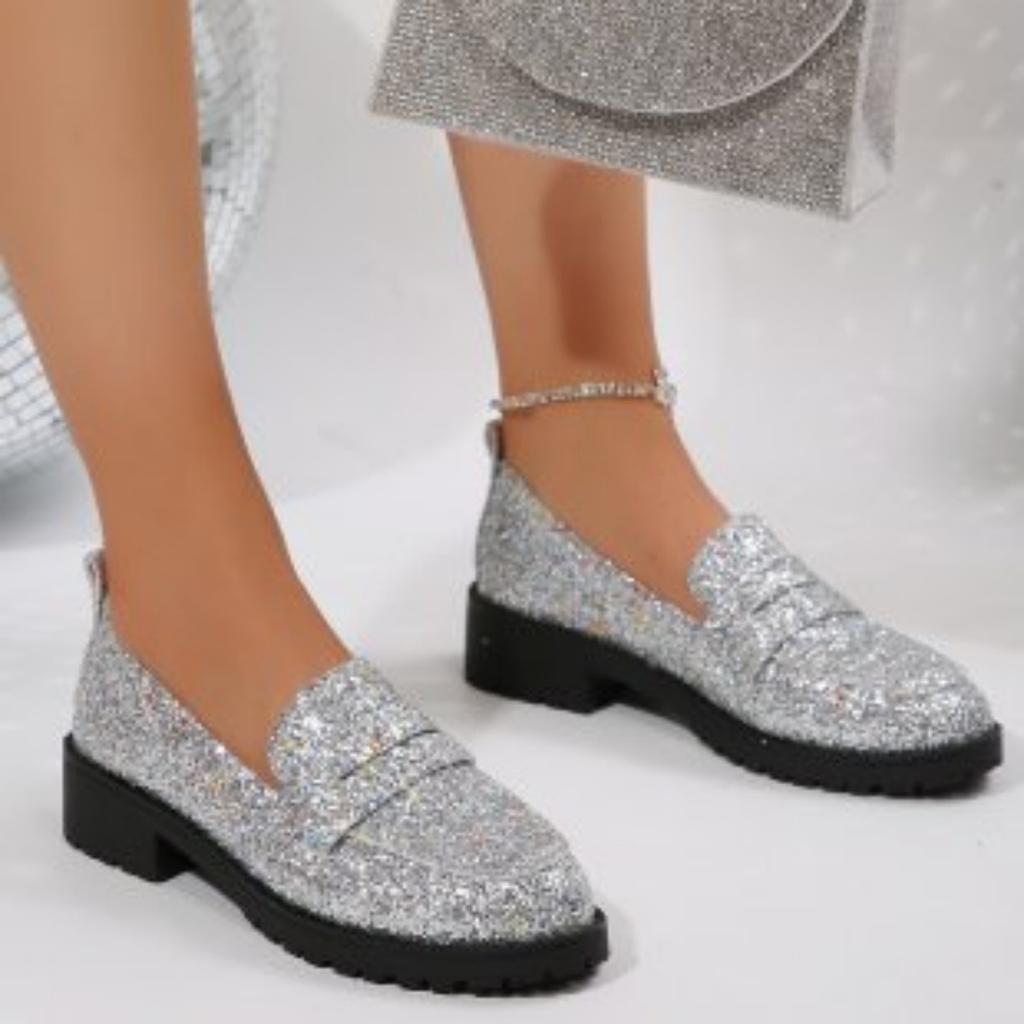 Fashion 2025 spring and autumn new large size low heel single shoes female personality sequin round head slip-on women's shoes