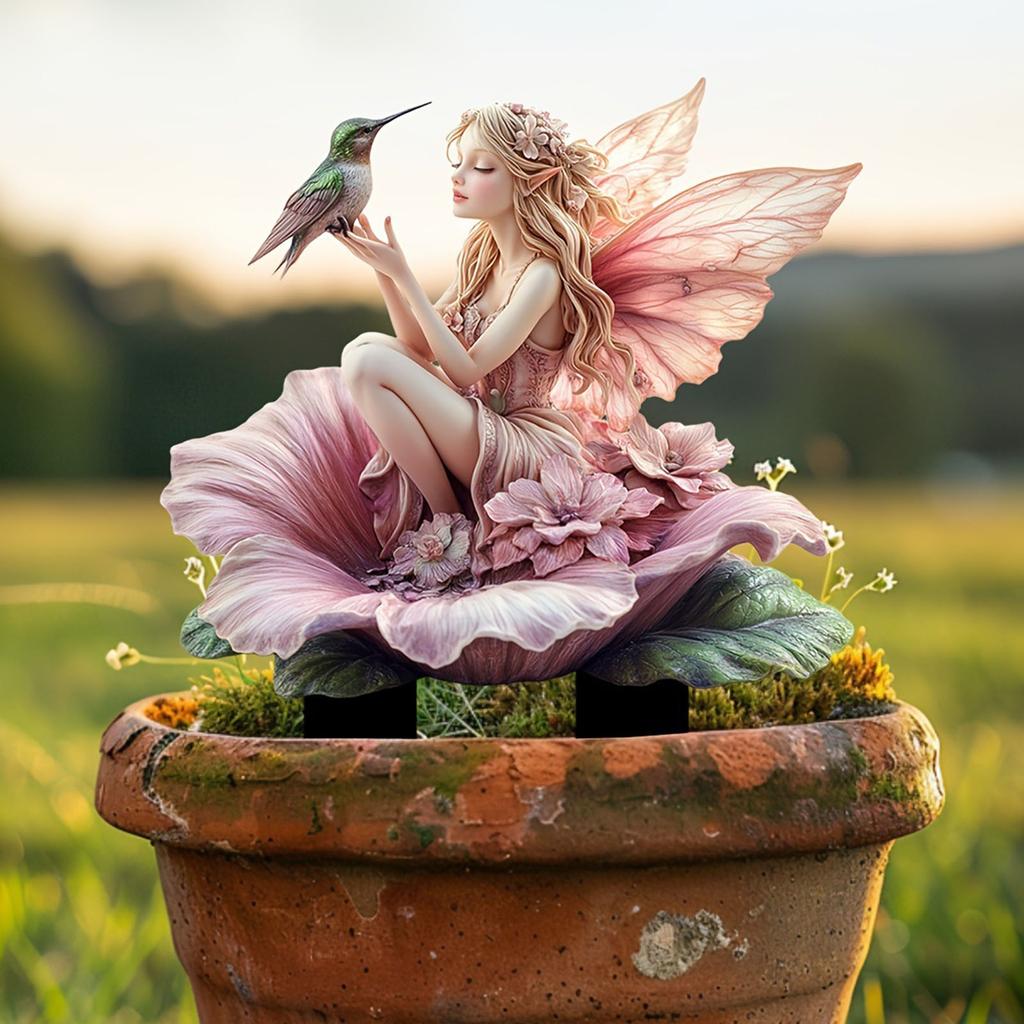 Whimsically Fairies and Hummingbird Acrylic Yard Stake Waterproof Garden Sign Ground Insert Outdoor Indoor Decors