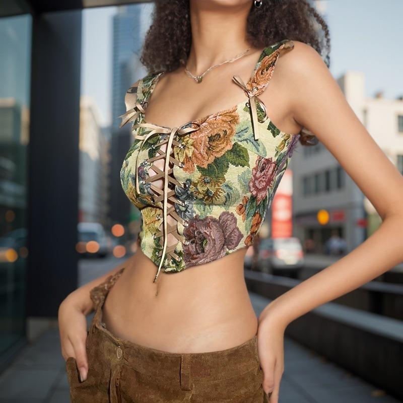 Fashionable Women's Wear Square-neckStrappy Vest Printed Top Slim-fitting Halter Top