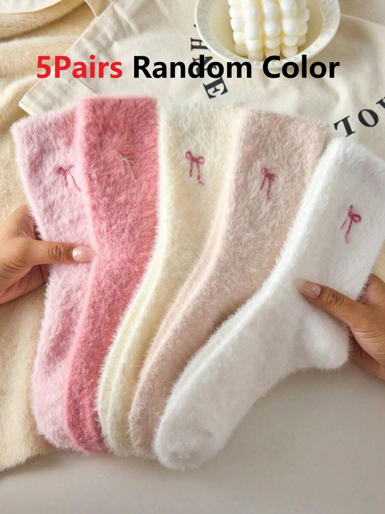 Autumn Winter Fleece Bow-Tie Plush Socks Woman Cute Sweet Mid-Calf Socks Thickened Warm Home Sleep Short Socks for Girls