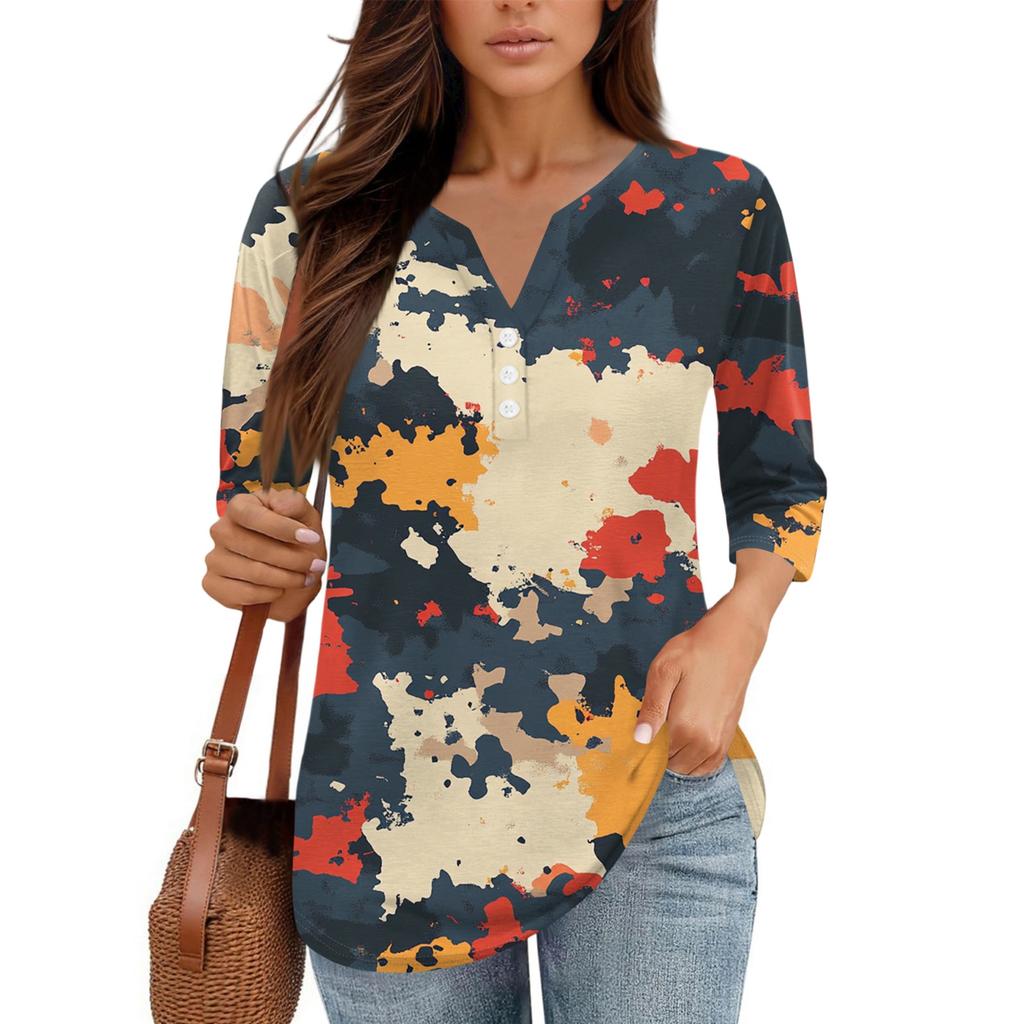 Damen V-Ausschnitt Freizeit Dreiviertelarm Knopf-Detail Top mit Blumenmuster