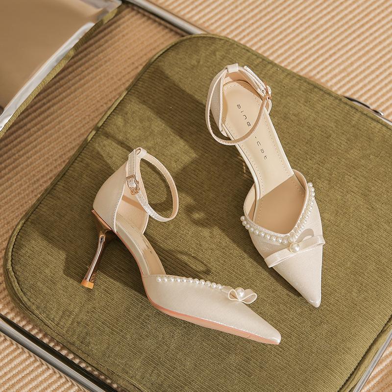 82316 High Heels Women's Thin Heels Spring 2025 New Temperament Bride Shoes Pointed Wedding Shoes One-word Single Shoes
