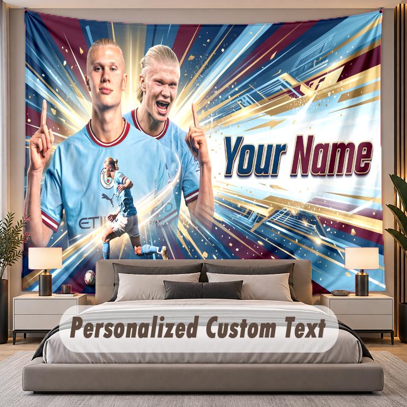 Custom Name Text Tapestry Erling Haaland Personalized Polyester Wall Tapestry For Bedroom And Room