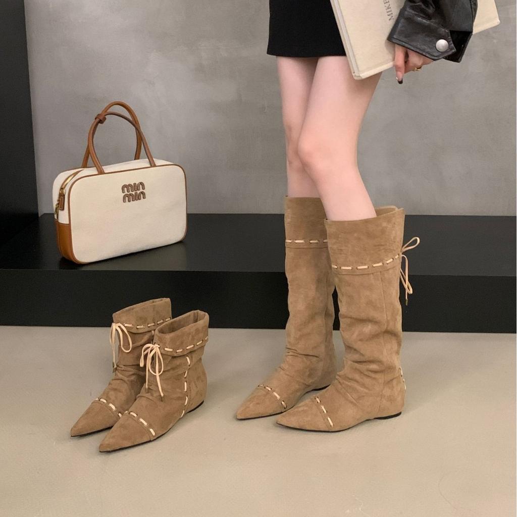 2025 new Korean version pointed head lace-up thick bottom inner slope heel tall tube thin Martin Knight western women's short boots
