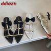 Fashion Low Heel Women Wedges Sandals Shoes Butterfly-Knot Female T-Strap Footwear Fashion Pointed Toe Ladies Heeled Sandals Shoes