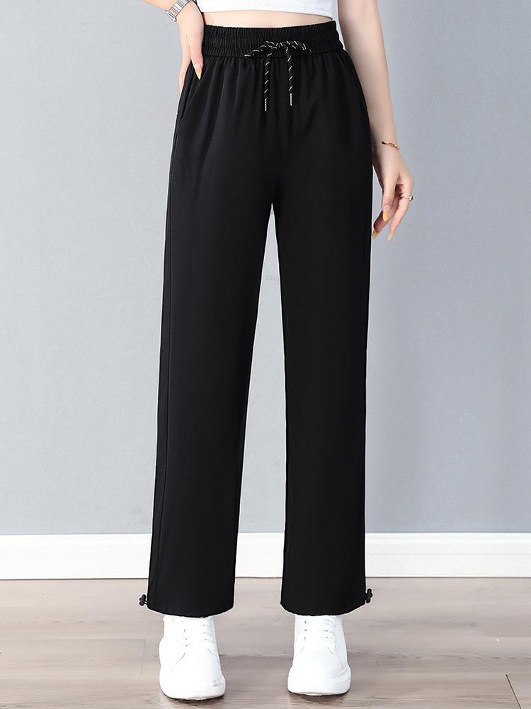 Women's Stylish High-Waist Ice Silk Wide-Leg Pants - Summer, Lightweight, Drapey, Middle-Aged Style