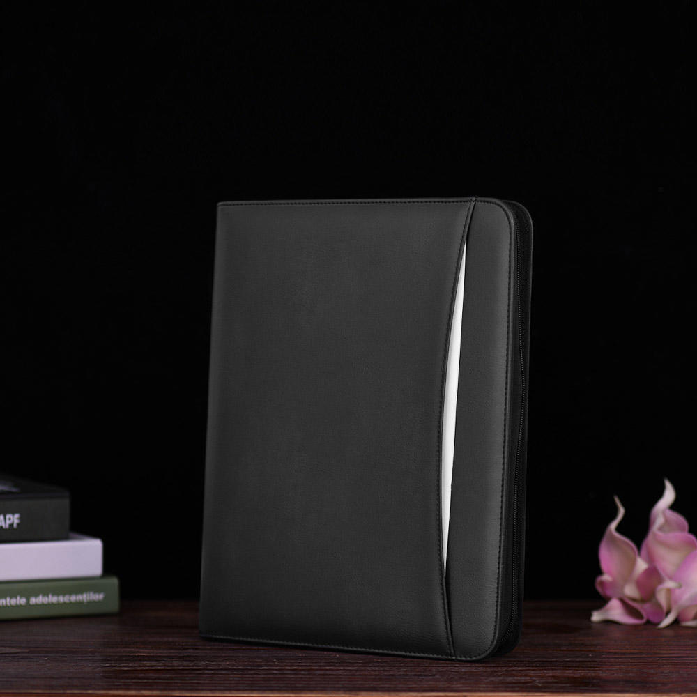 Portefeuille Multifonctionnel A4 à Fermeture Éclair Padfolio Professionnel Organiseur de Dossiers avec Bloc-notes Poches pour Cartes pour black