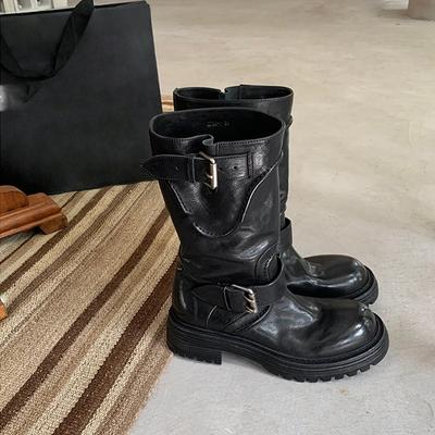 New Women's Shoes for Autumn and Winter: Round-toed Belt-buckle Thick-soled Boots