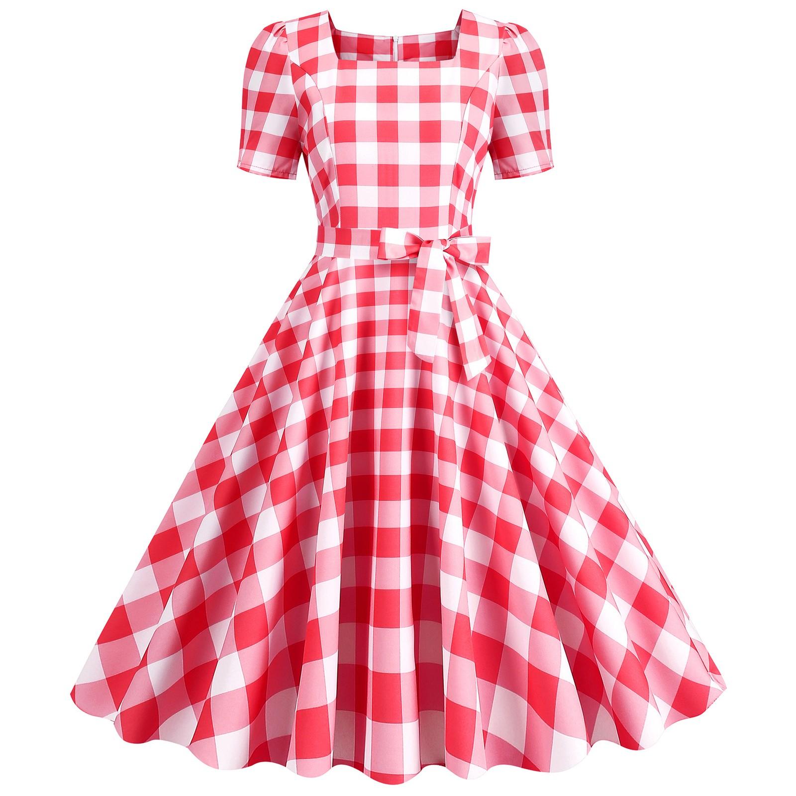 

Женское модное повседневное платье с квадратным воротником и коротким рукавом в клетку с принтом на талии XL красный
