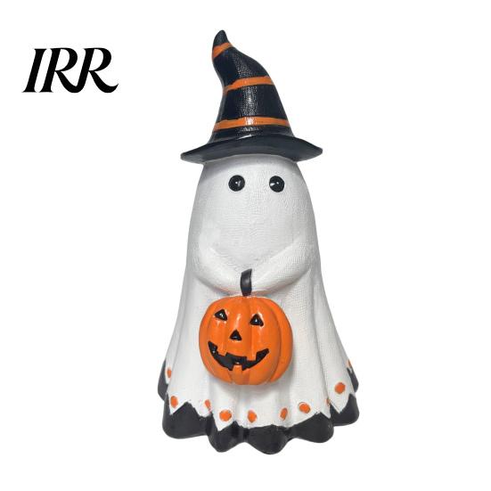 Outdoor Halloween Decoration Ghost Figurine, Cute Wearing Hat And Holding Holiday Vibes Decor Pumpkin Statue, Resin Ornament for Shelf Tabletop