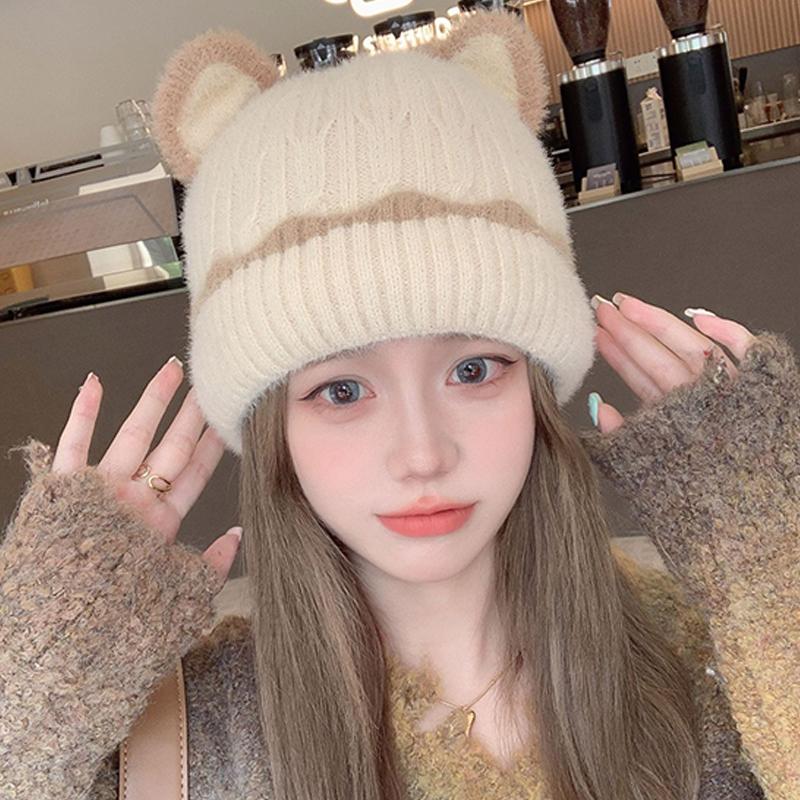 

Плюшевая шапка с кошачьими ушками, шерстяная шапка, осенне-зимняя вязаная шапка с защитой ушей бежевый