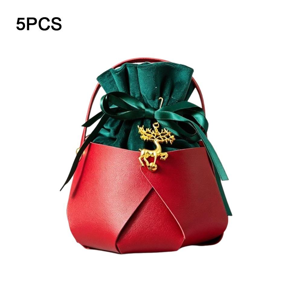 Red Green Design Christmas Gift Bags Flannel Fabric Leather Handled Bags Candy Bags  Wedding Favors