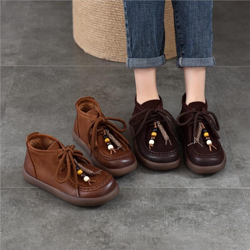Johnature Genuine Leather Round Toe Lace-up Flat Ankle Boots Casual Versatile Women's Shoes