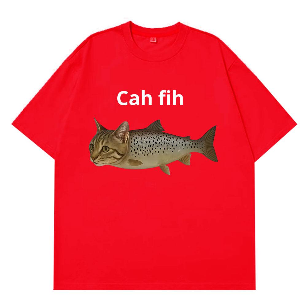 Cah Fih TShirt Fih Funny Mispelled Fish Meme T Shirt Cat And Fish Graphic Humor Tshirt Casual Short Sleeve Clothes Graphic Y2k