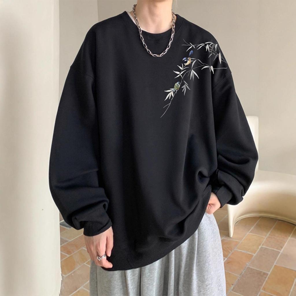 Men's Chinese Style Burgundy Round Neck Hoodie - Fleece Lined, Loose Fit, Plus Size, Thick - Perfect for Spring, Autumn, and Winter.