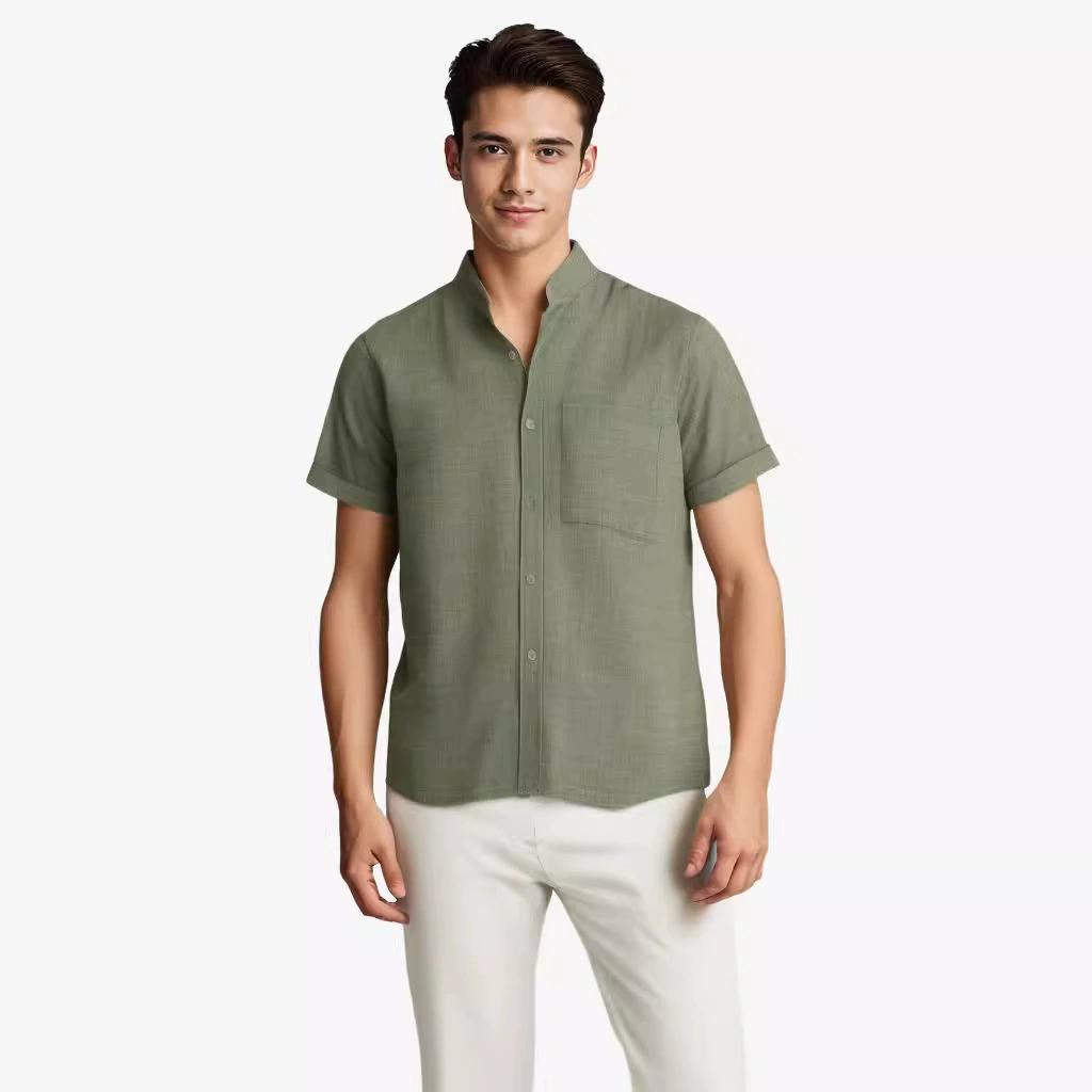 

Men s Tops Linen Shirt Half Cardigan Button Stand Collar Solid Color Shirt Linen European Size XXXL зелений