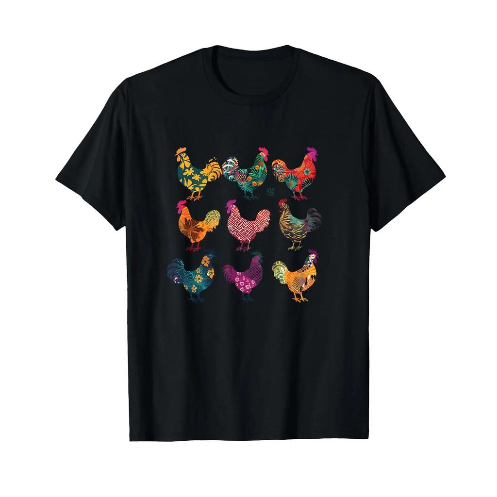 Funny and Trendy Chicken Pattern Rooster Flower Farm T Shirt Black Vintage Washed Versatile Comfortable Breathable Slightly