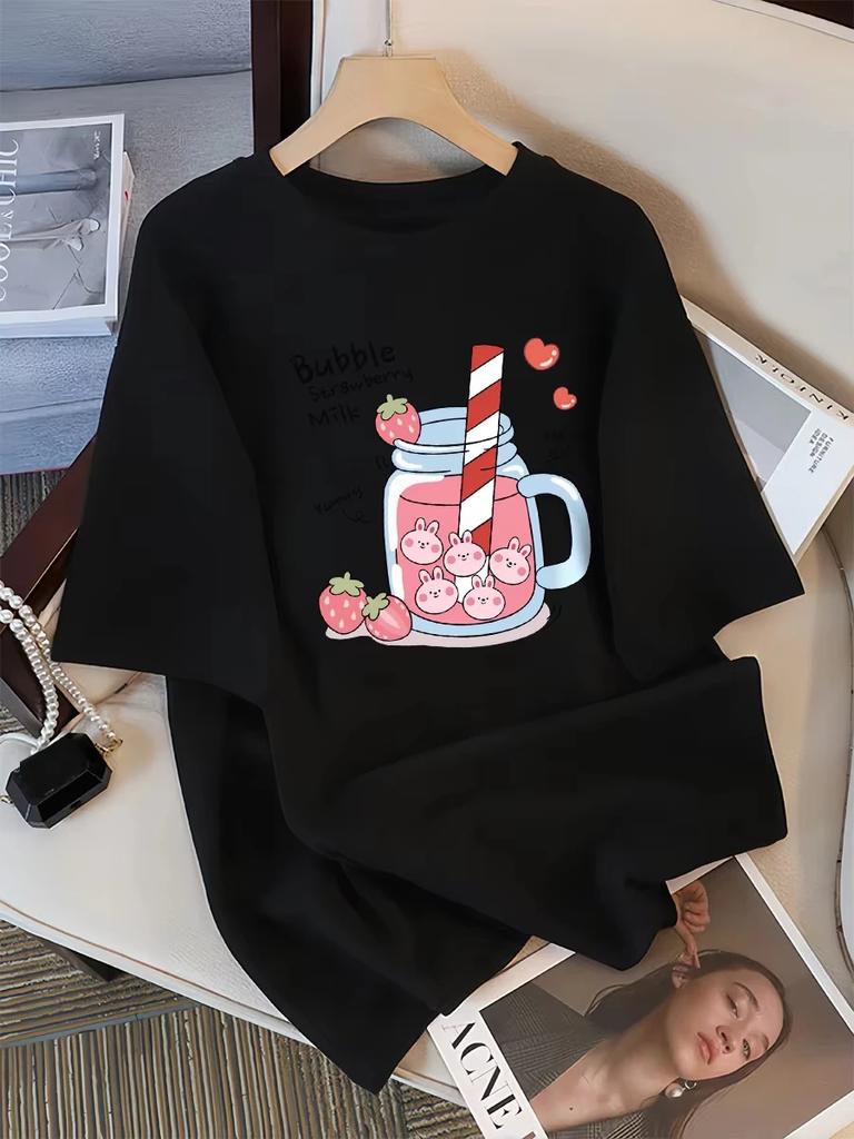 2025 Delicious Strawberry Beverage Print Women T Shirt Summer Breathable Tee Cotton Street Clothing Casual Sport Cool Short