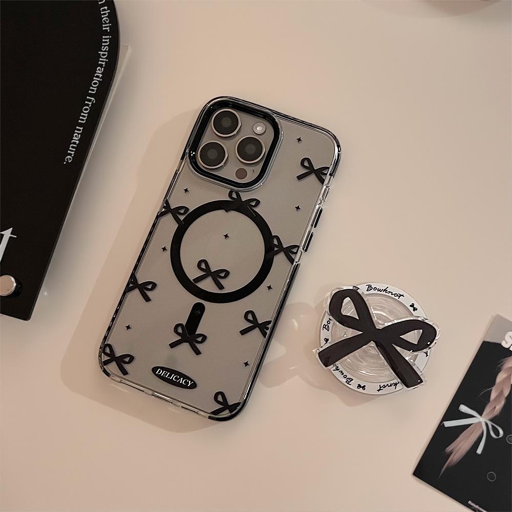 Black Bow Magnetic Suction Case 15Promax Transparent IPhone Case 14 Suitable for 13 Advanced 12 Bracket 16