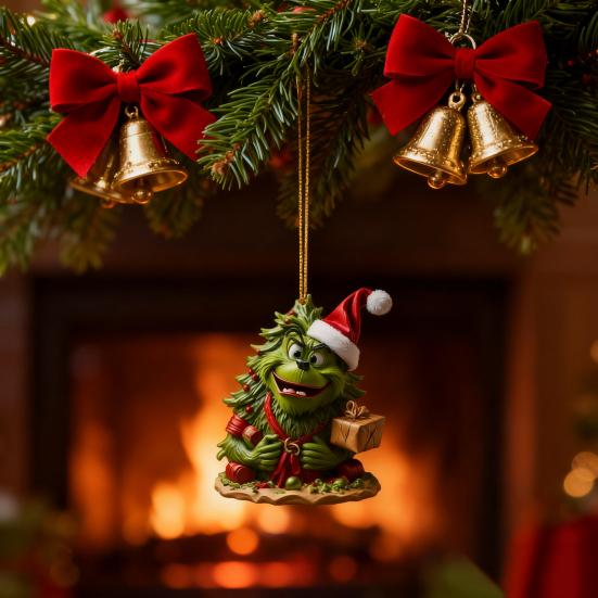 Green Elf Christmas Tree Ornament 2D Flat Acrylic Car Rear Mirror Charm Cartoon Elf Christmas Tree Hanging Pendant for Holiday Tree Window Wall Decor