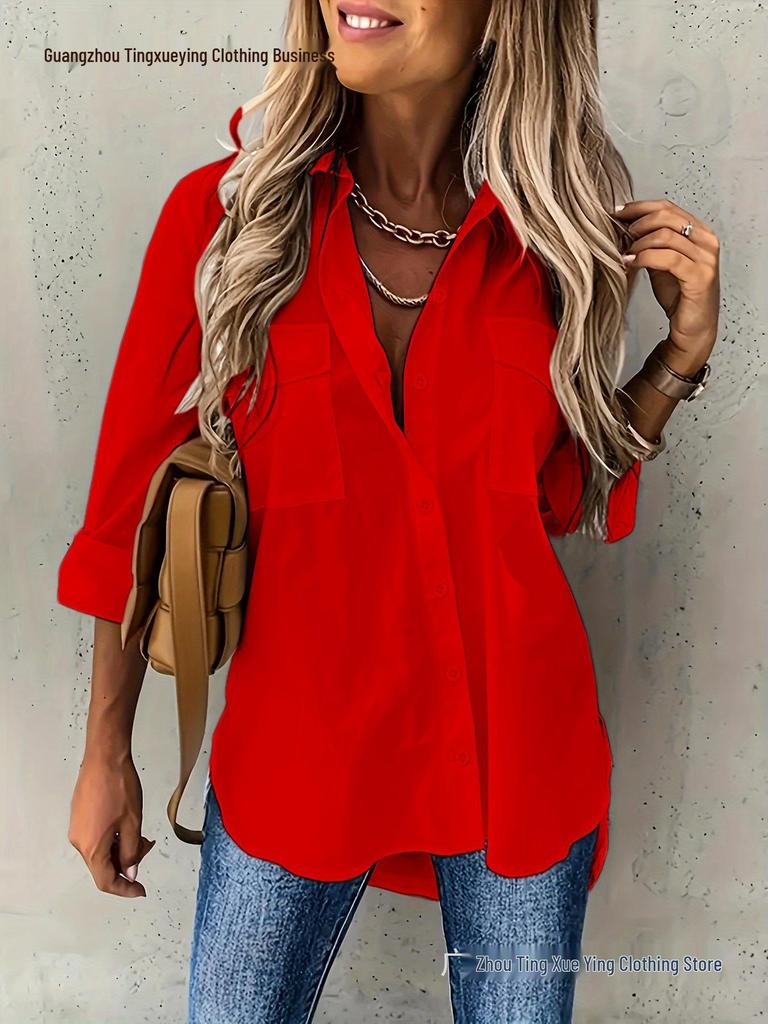 European American Women's Versatile Pocketed Long-Sleeve Lapel Shirt