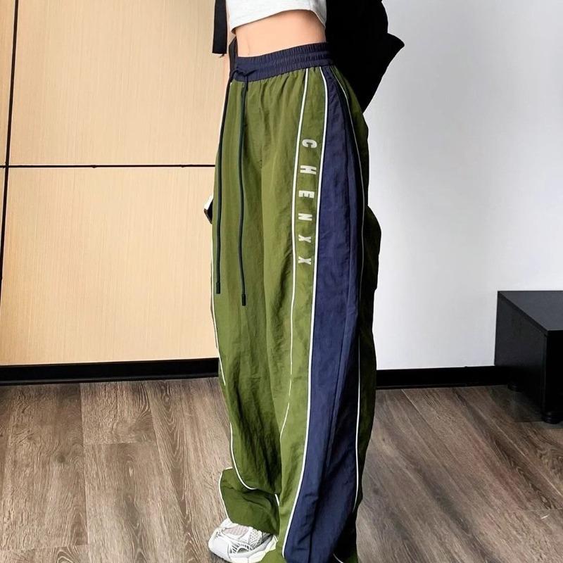 Vintage Trend Summer Pants Women Elastic Waist Drawstrin Letter Contrast Color Patchwork Korean Loose Wide Leg Cargo Trousers