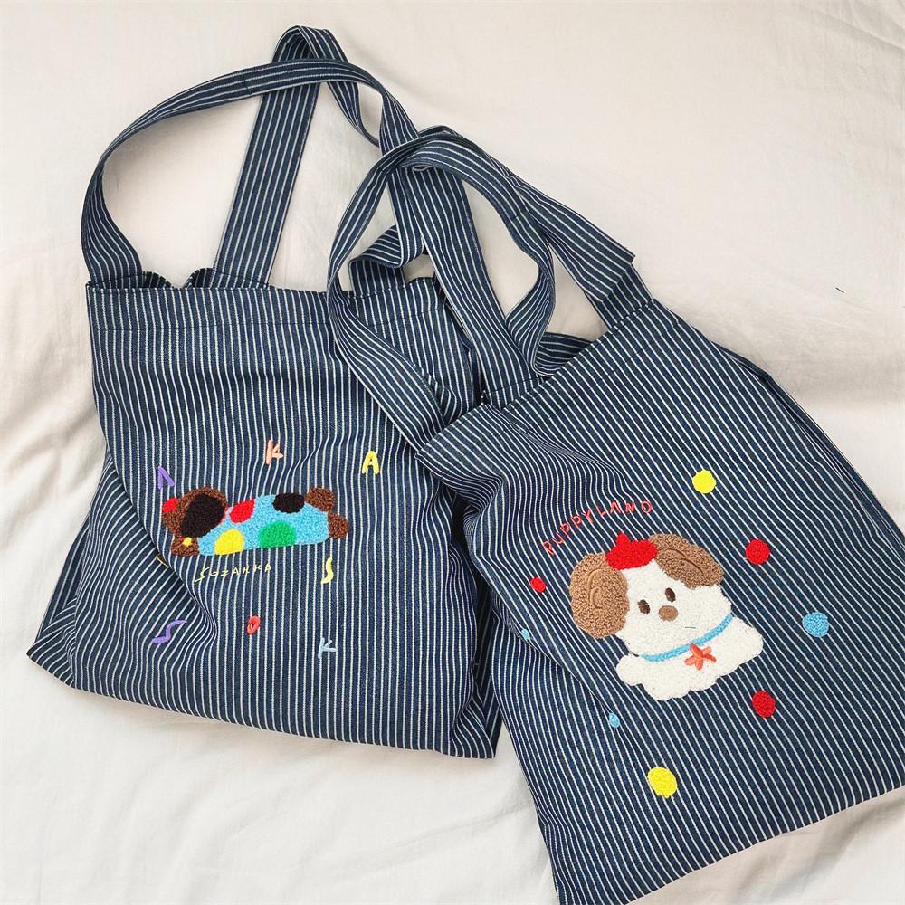 Adorable Cartoon Dog Tote Bag Fashionable Striped Double Pocket Large Capacity Commuter Bag