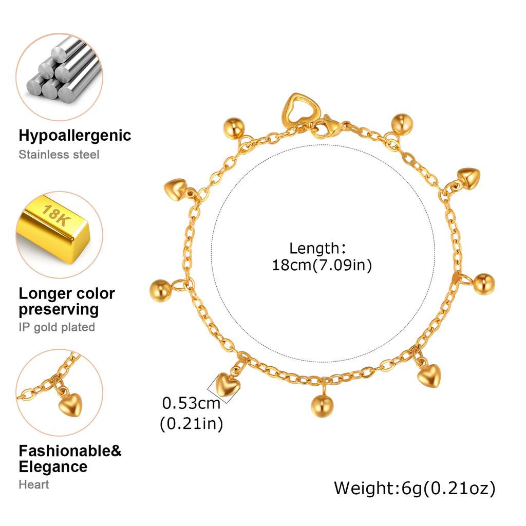18K Gold Plated Round Beads Heart Charm Bracelet for Women, Stainless Steel Adjustable Bracelets, Dainty Waterproof Jewelry