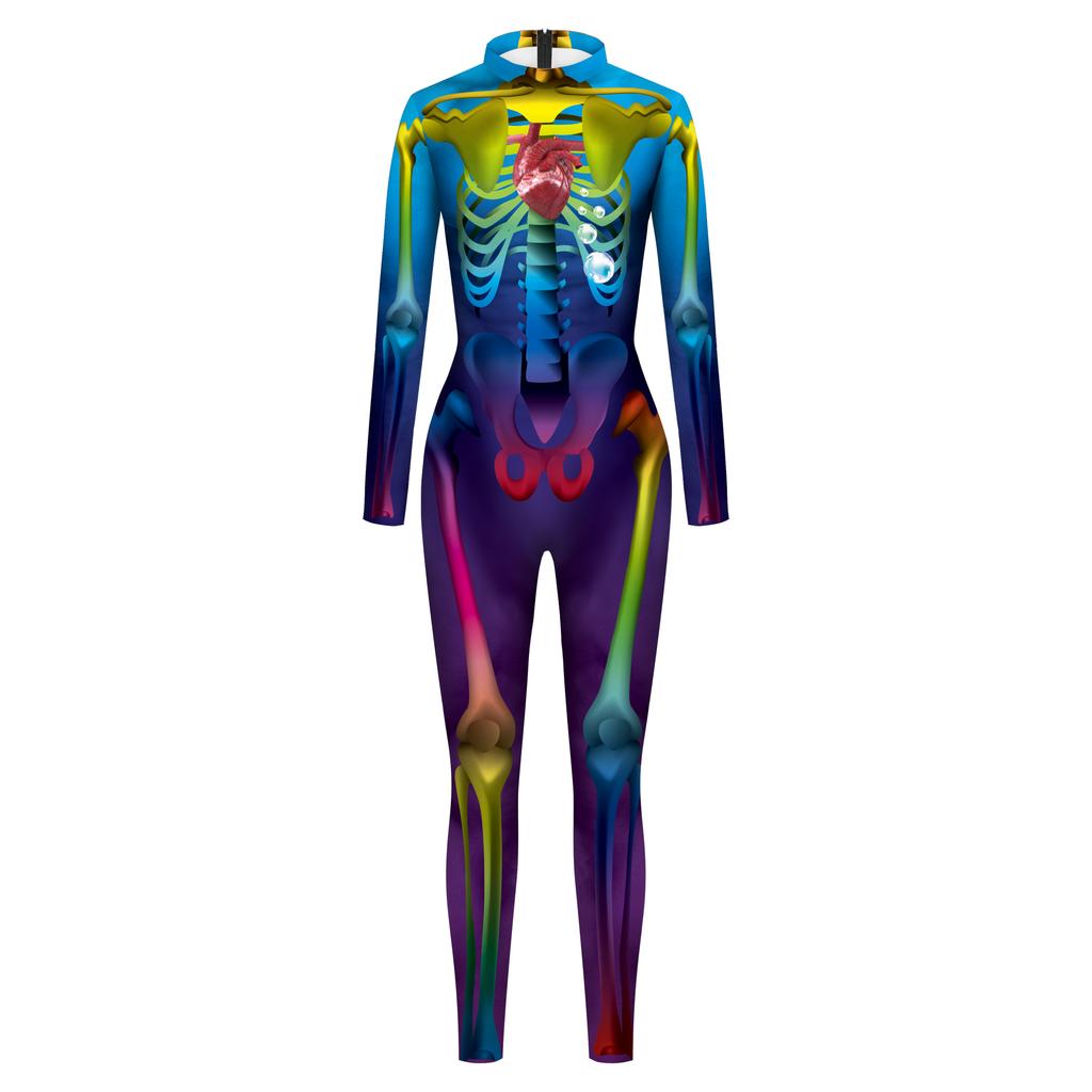 Strašidelný kostlivý tištěný kostlivý oblek Halloween Party Cosplay kostým pro dospělé Kombinéza Zentai Catsuit Karnevalové oblečení